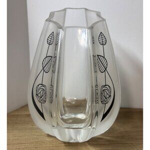 Rennie Mackintosh Vase Frosted & Black Floral Etching 6" Height Vintage 1990s